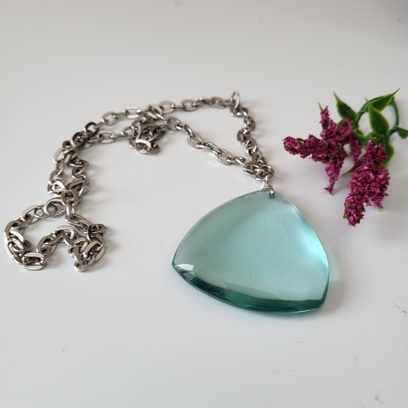 Clear Blueish Glass Pendant on Silver Tone Large Link Chain - Picture 12 of 16